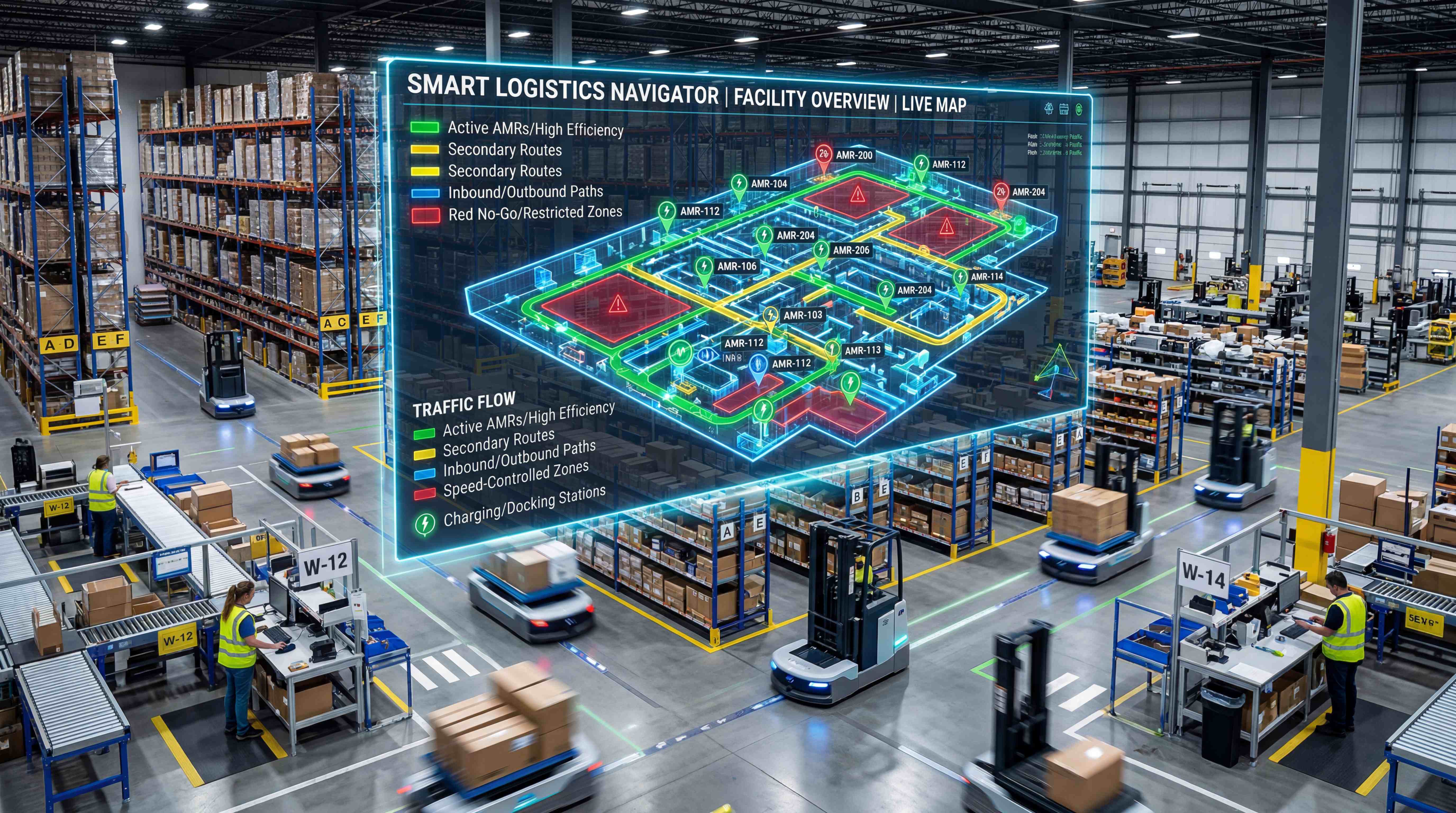 Smart warehouse live map showing AMR routes, restricted zones, docking stations and traffic flow overview